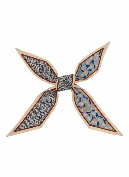 Silk Scarf Necklace, four pointed ends—black/white leaf and blue—with beige/brown border. Available in S, M, L.
