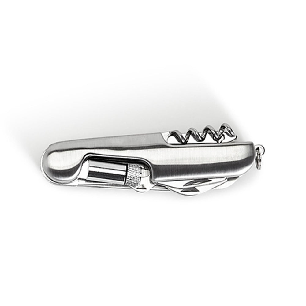 13-in-1 stainless steel multitool pocket knife with corkscrew and folded blade; compact size.