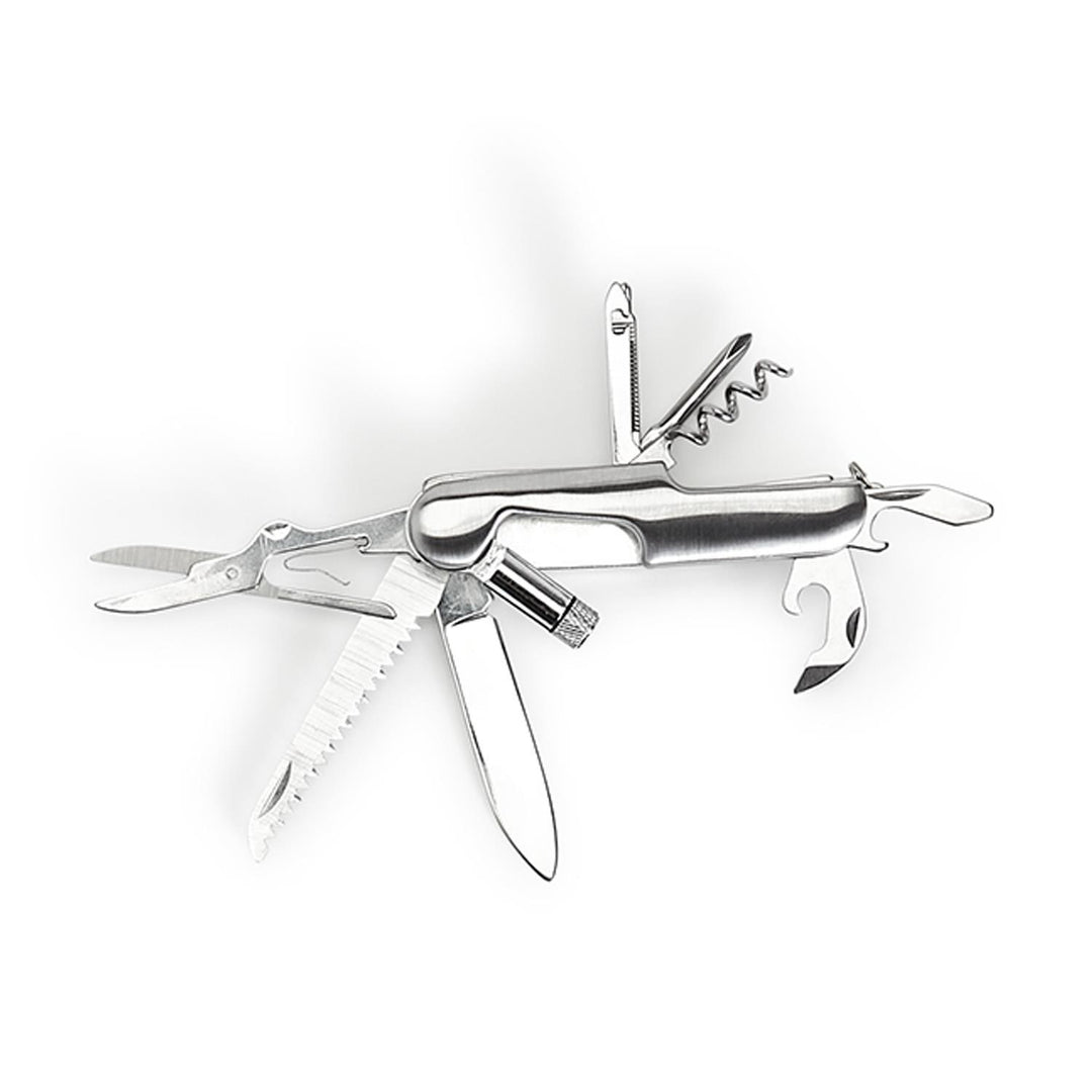 13-in-1 stainless steel pocket knife with scissors, saw, blade, can opener, corkscrew, screwdriver, and file. Size: 13 cm.