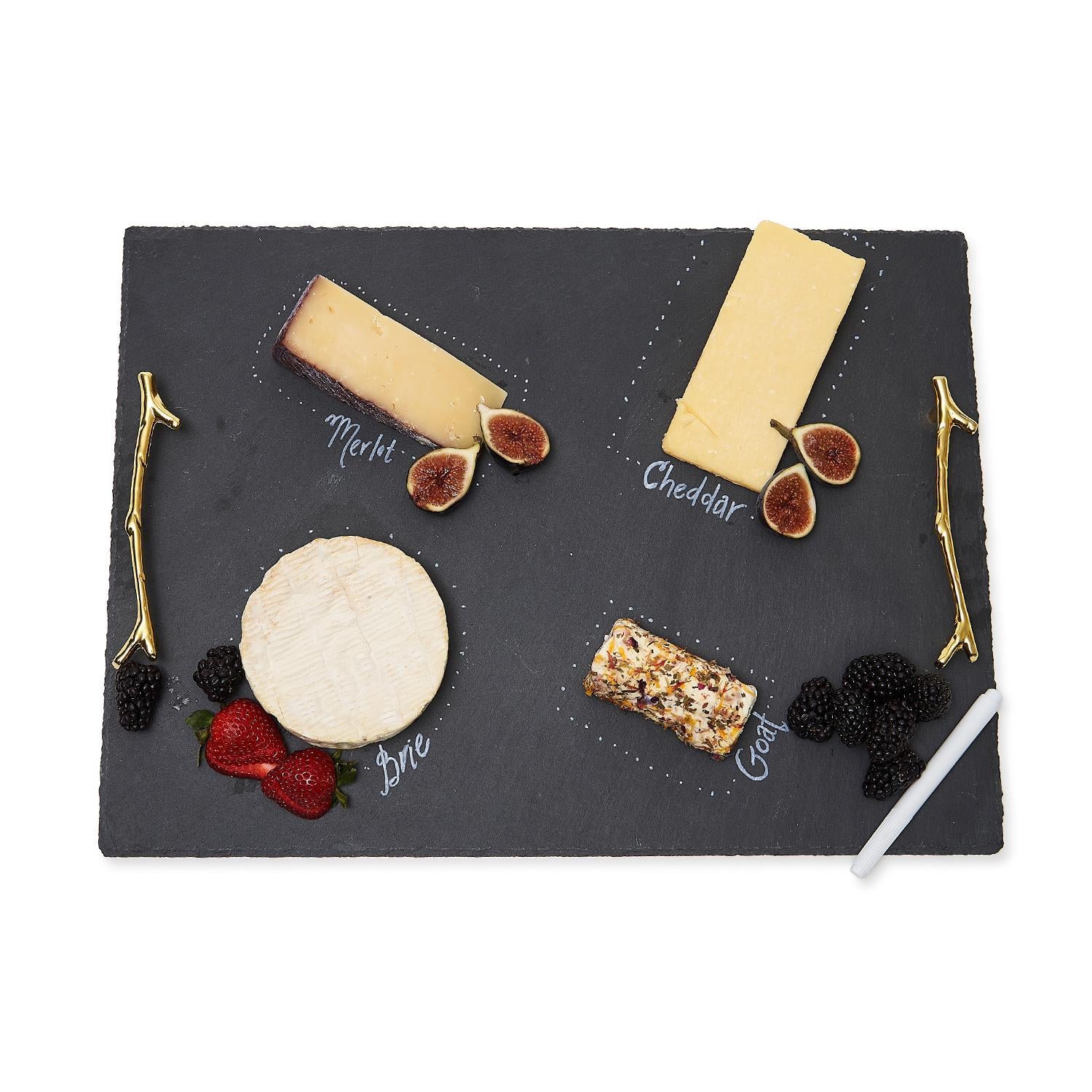 Natural Slate Tray with gold twig handles and chalk pens; includes piece of chalk. Available in 12"x6" and 18"x10".