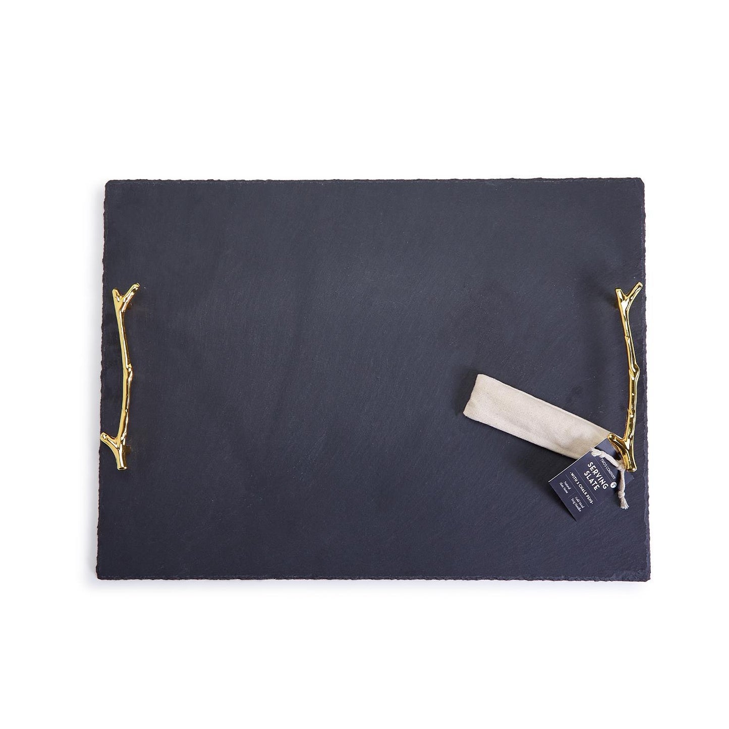 Rectangular black slate tray with gold twig handles; includes chalk pens. Available in small, medium, and large sizes.