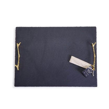 Rectangular black slate tray with gold twig handles; includes chalk pens. Available in small, medium, and large sizes.