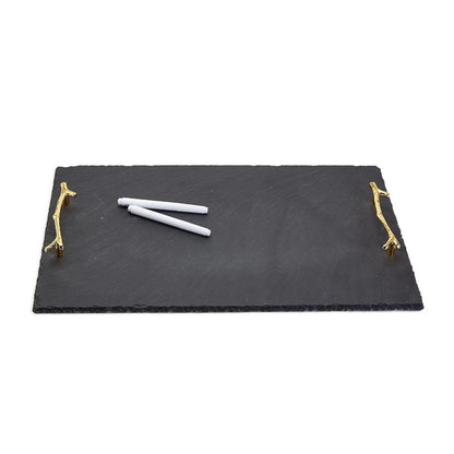Natural Slate Tray with gold twig handles. Includes two white chalk pens. Available sizes: Small, Medium, Large.