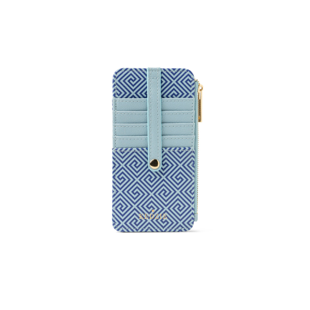 Vegan leather zippered wallet in blue and light blue with geometric patterns, gold button strap closure, multiple card slots, right-side zipper, cheetah print lining, and interior zippered pocket for cash. Sizes available: Open Stock.