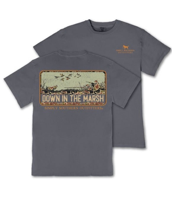 Gray graphic tee featuring a marsh scene and “Down in the Marsh” on the back, “Simply Southern Outfitters” text, and a small dog silhouette with brand name on the left chest. Available in sizes S-XXL.