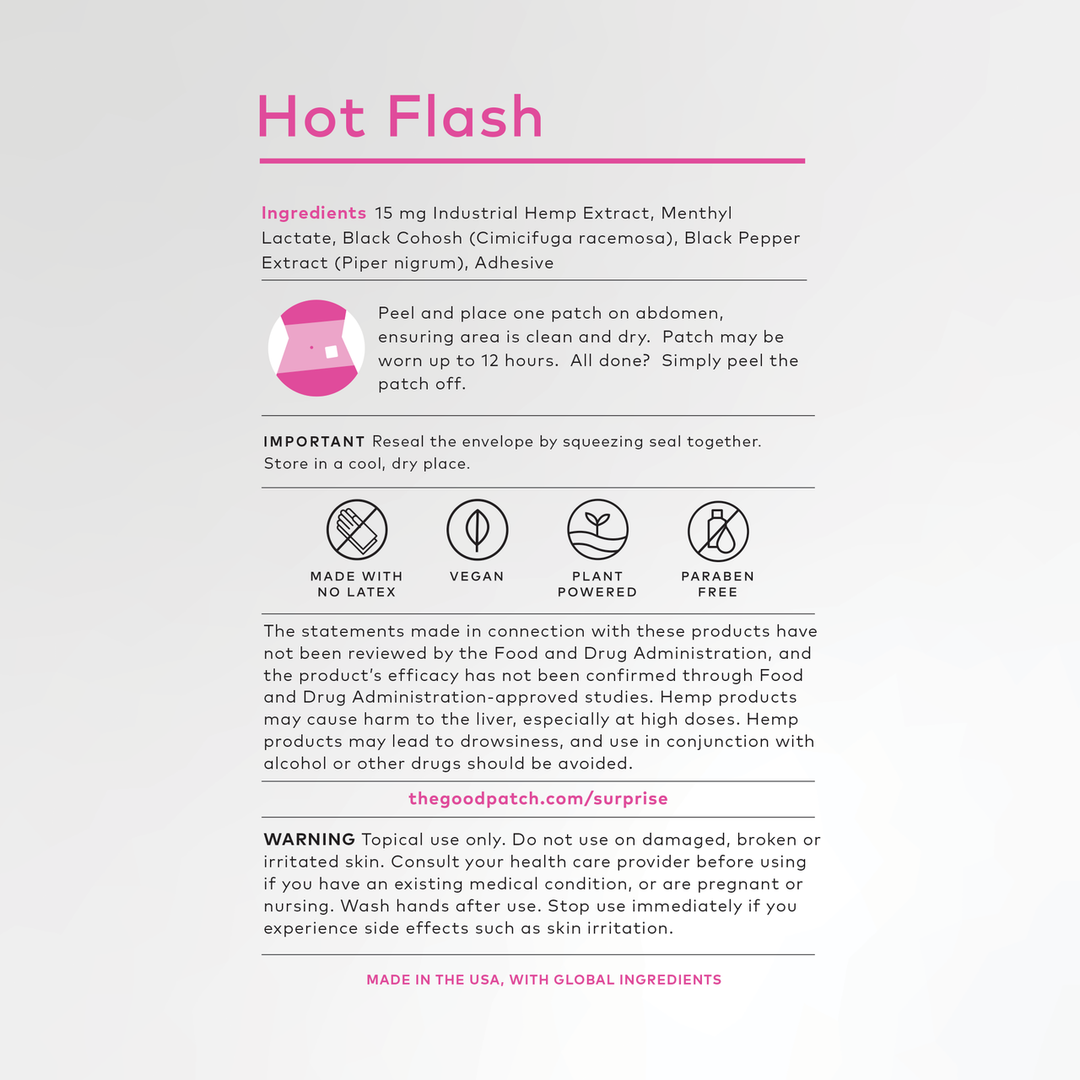 Hot Flash Patch label: hemp extract, vegan, paraben &amp; latex-free. Usage info, warnings, website listed. Sizes available.