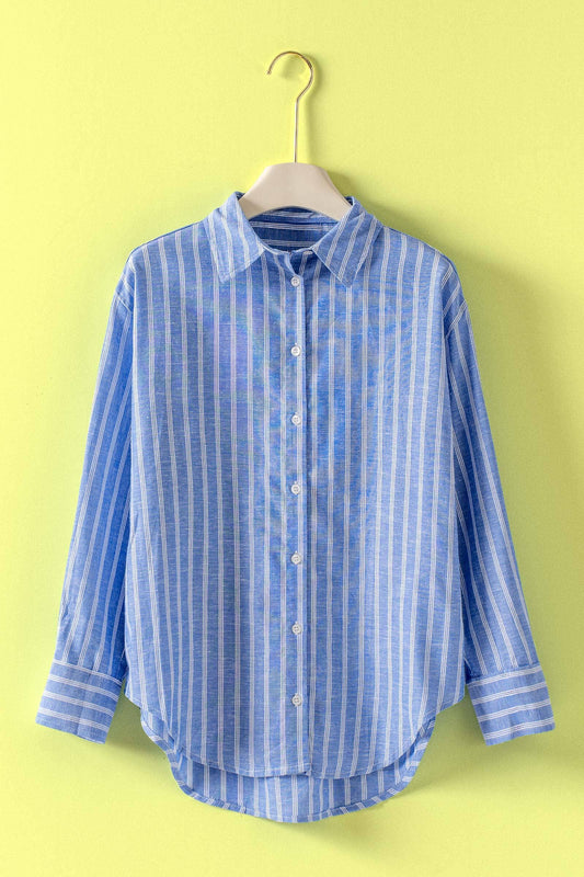 Blue Striped Linen Blend Button Up Shirt with vertical blue and white stripes, long sleeves. Available in sizes S-XL.