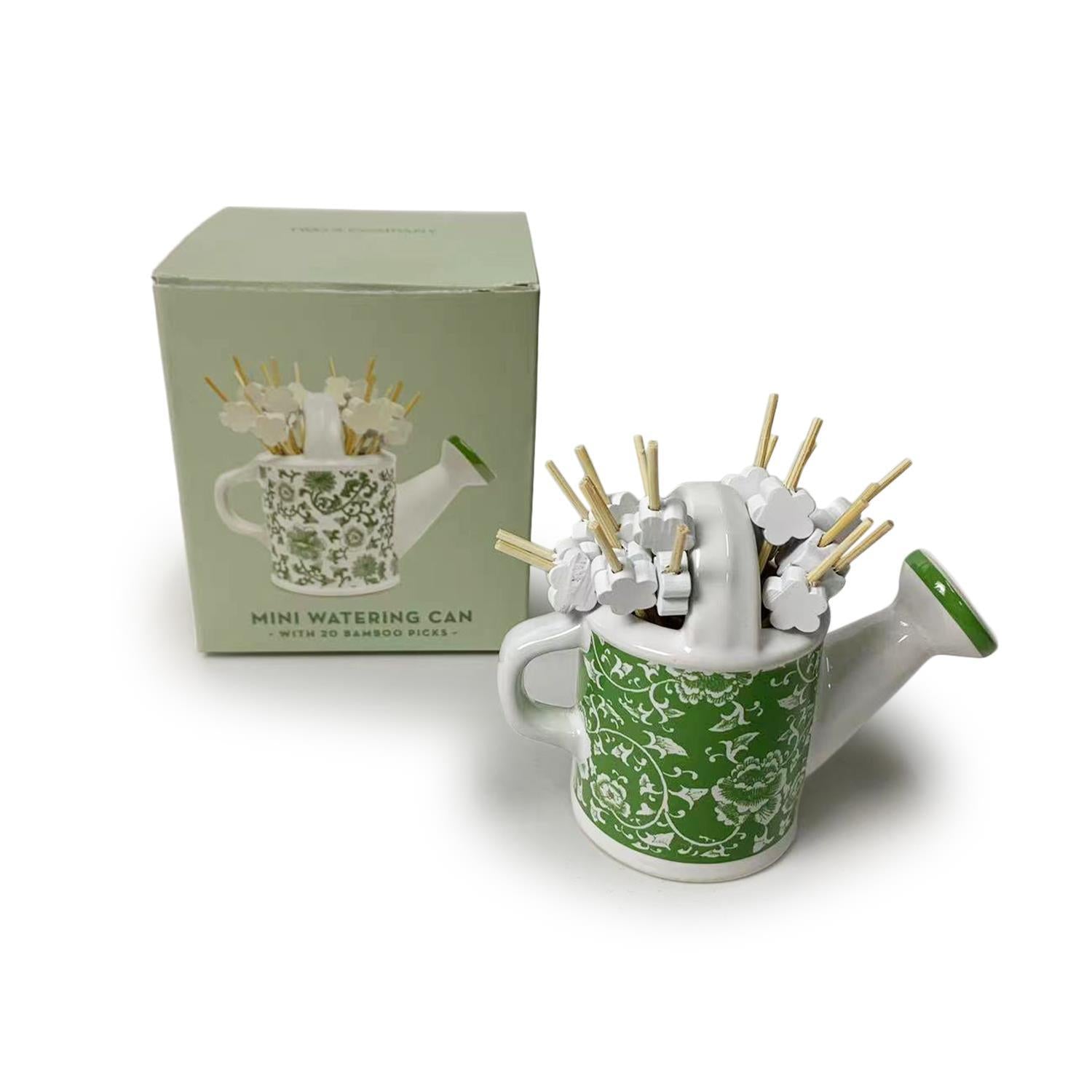 Countryside Mini Watering Can, green/white floral pattern, holds 30 bamboo picks. Size: mini. Comes boxed.