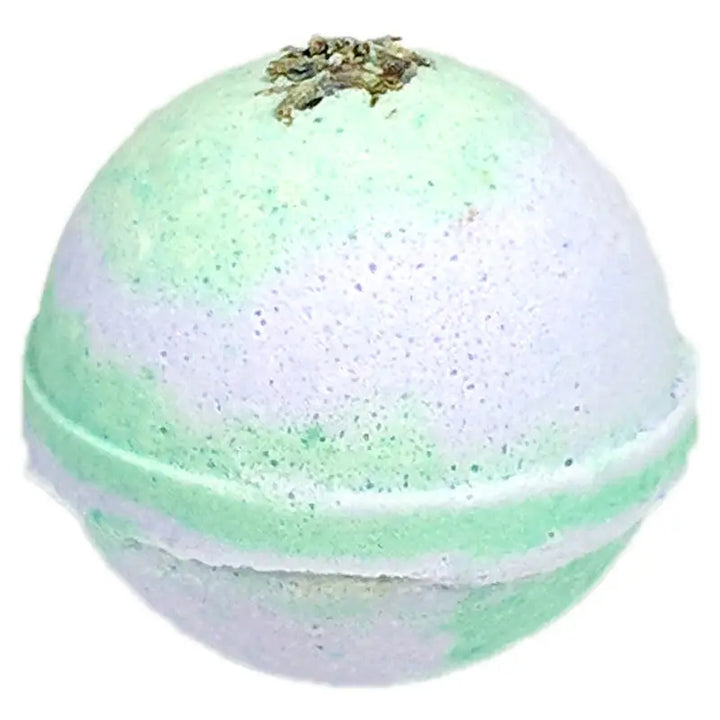 Round, pale green and white bath bombs with dried herbs on top; available in multiple sizes; made with essential oils.