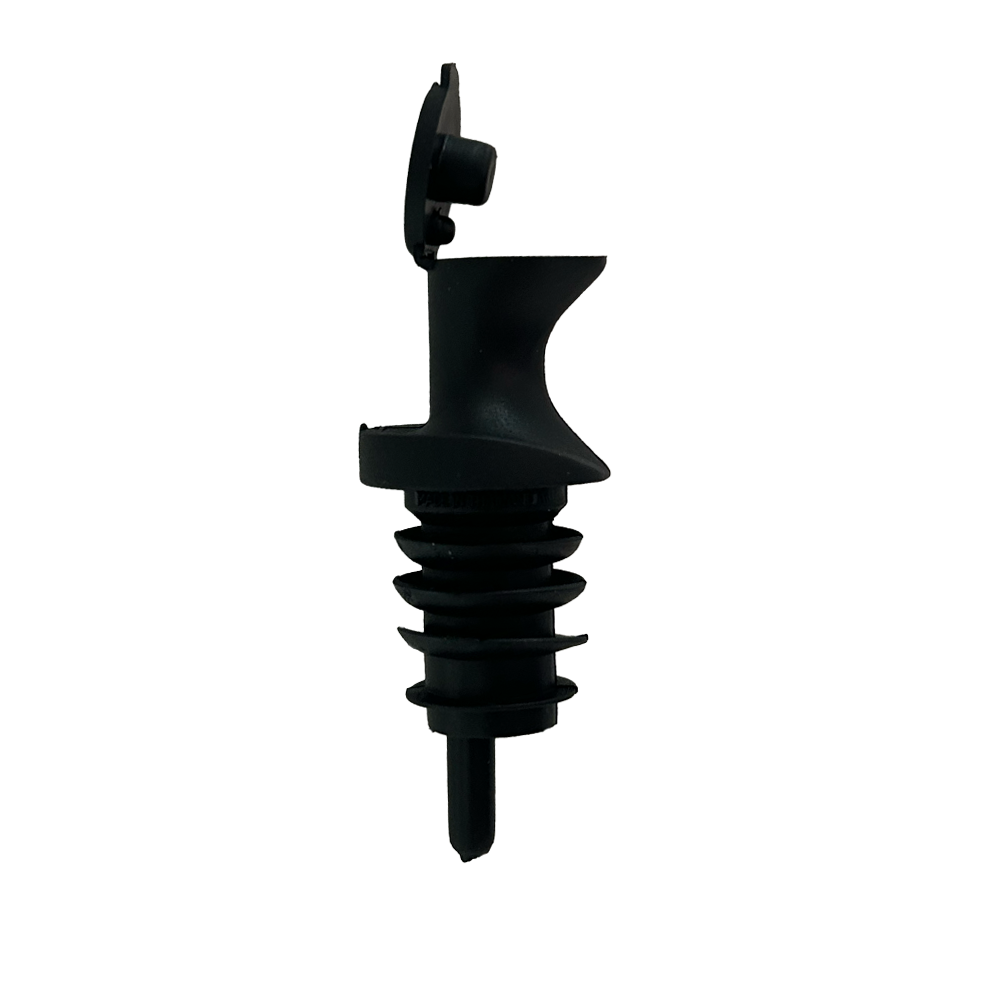 Black plastic POUR &amp; SEAL SPOUT with flip-top cap and ribbed stopper for spill-proof pouring; available in multiple sizes.