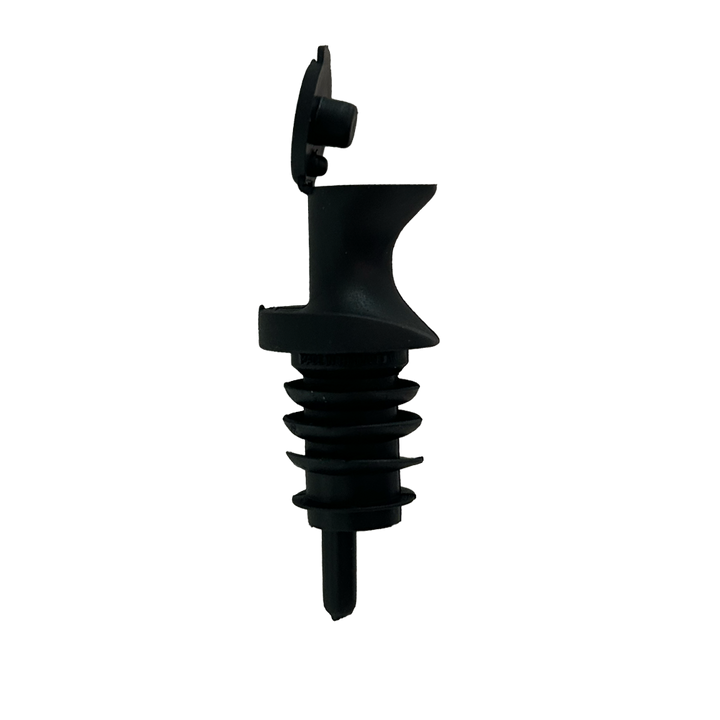 Black plastic POUR &amp; SEAL SPOUT with flip-top cap and ribbed stopper for spill-proof pouring; available in multiple sizes.