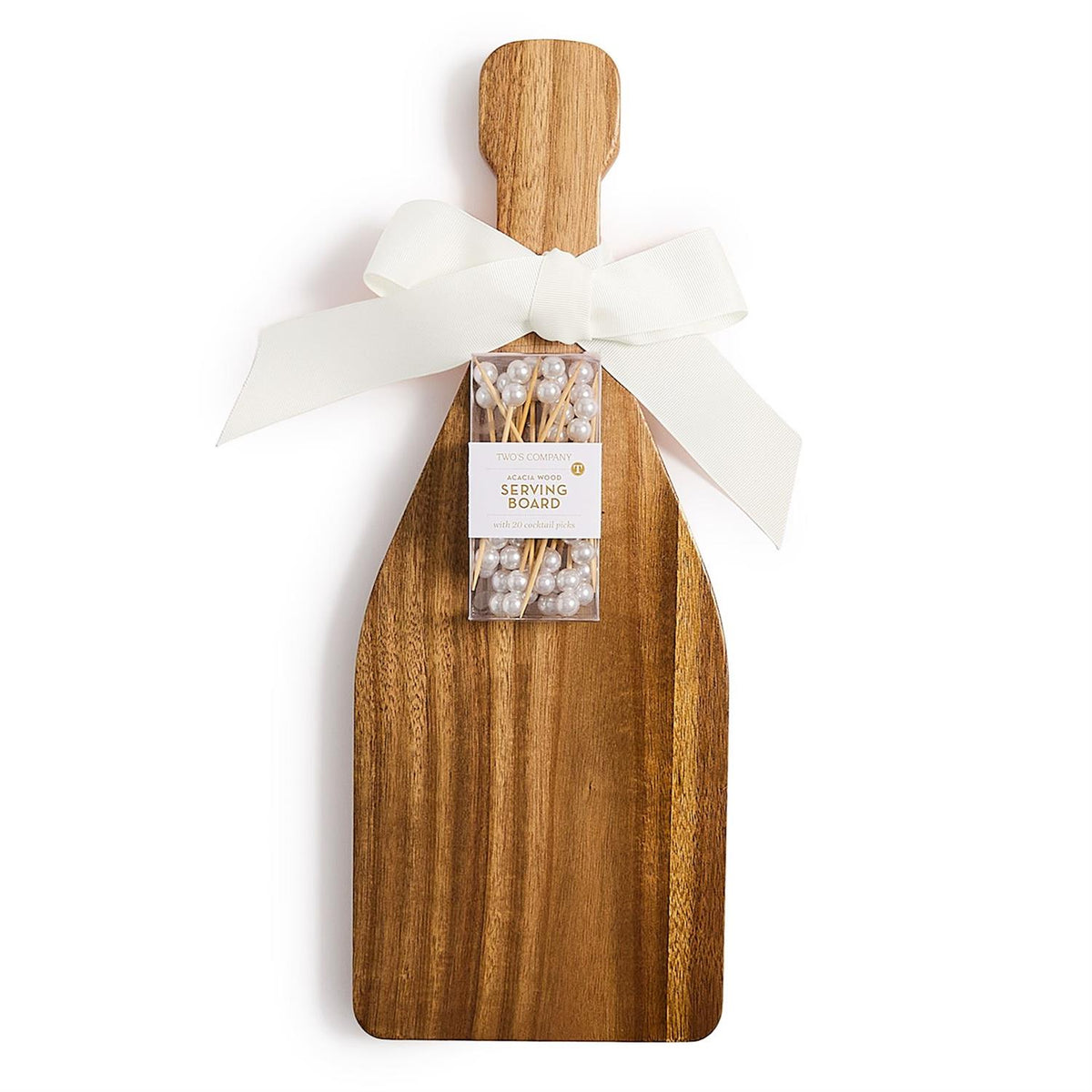 Acacia wood serving board shaped like a bottle with a white bow around the neck. Includes pearl-topped cocktail picks at the center. Sizes available.