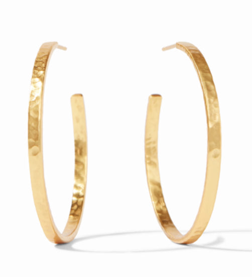 Crescent Hoop Gold Large earrings with hammered 24K gold texture. Large, thin style. Sizes: Large only.
