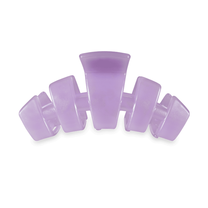 Translucent lavender hair claw clip with five curved prongs. Available in small and large sizes.