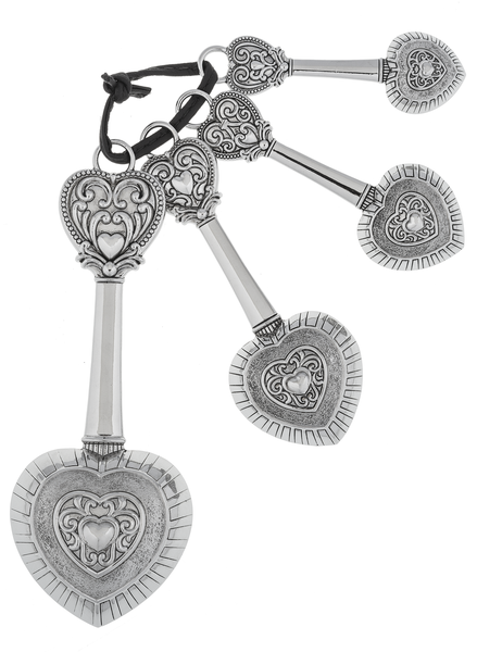 Heart Measuring Spoons with ornate, heart-shaped bowls and black ring; includes standard sizes: 1 tbsp, 1 tsp, 1/2 tsp, 1/4 tsp.