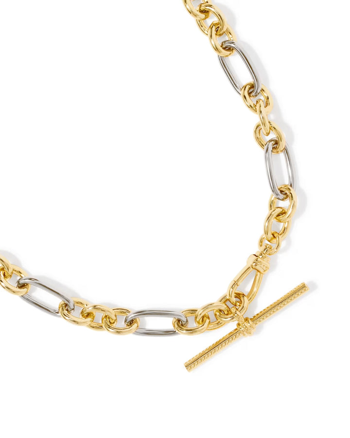 Embry Link Chain Necklace by Kendra Scott with elongated gold and silver links and T-bar closure; available in 16", 18", and 20" lengths.