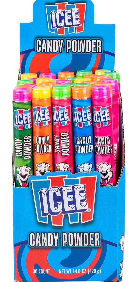 Display box of 30 ICEE Dips Candy Powder Tubes, colorful caps, features ICEE logo and cartoon polar bear. Size: single tube.