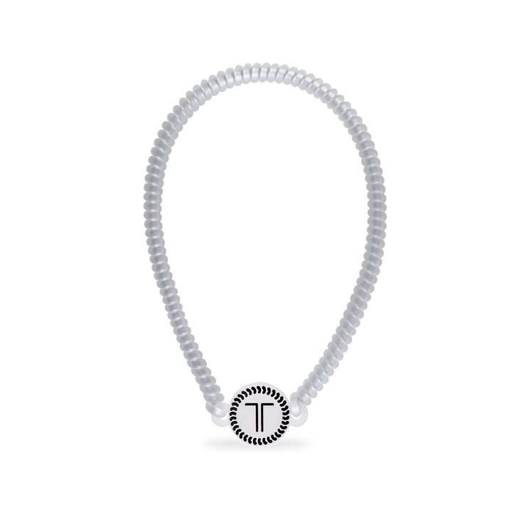 Clear, coiled TELETIES Spiral Hair Coil Headband with round "T" charm at center. Available in small and large sizes.