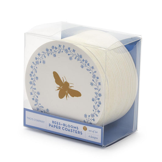 Set of 24 decorative disposable paper coasters in a clear box. Features a gold bee design and blue floral pattern. "Bee and Blooms Heavyweight Paper Coasters." Contains 4 designs.