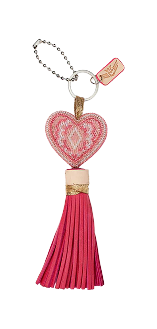 Hand-beaded pink heart charm with gold hardware, pink leather tassel, and heart tag. Sizes available: One size.
