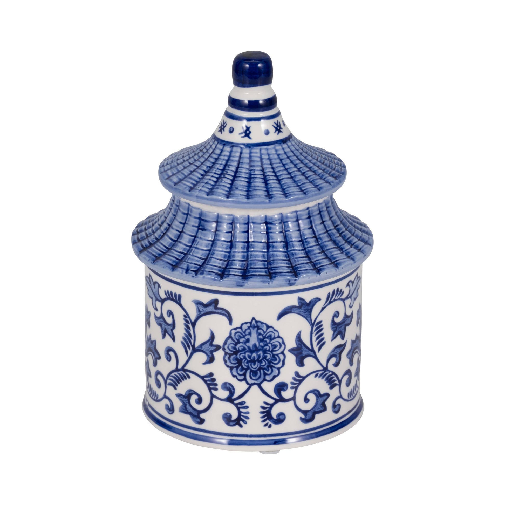 Blue ceramic 9 oz candle in reusable floral jar with pagoda lid, subtle plumeria scent. Size: 9 oz.
