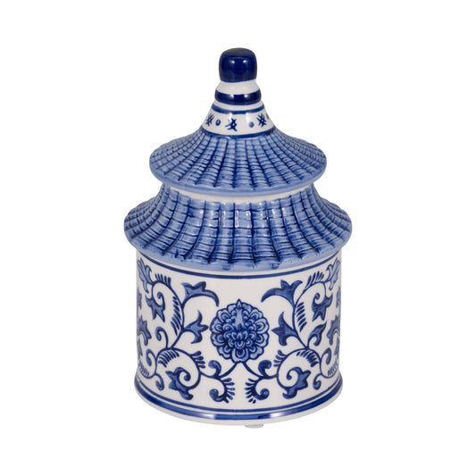 Blue ceramic 9 oz candle in reusable floral jar with pagoda lid, subtle plumeria scent. Size: 9 oz.