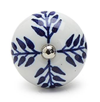 Style 1, blue and white handpainted bottle stopper. 4 stems of leaves branching from middle