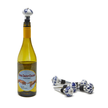 Blue and White Hand Painted Bottle Stopper shown on wine bottle; available in standard size.