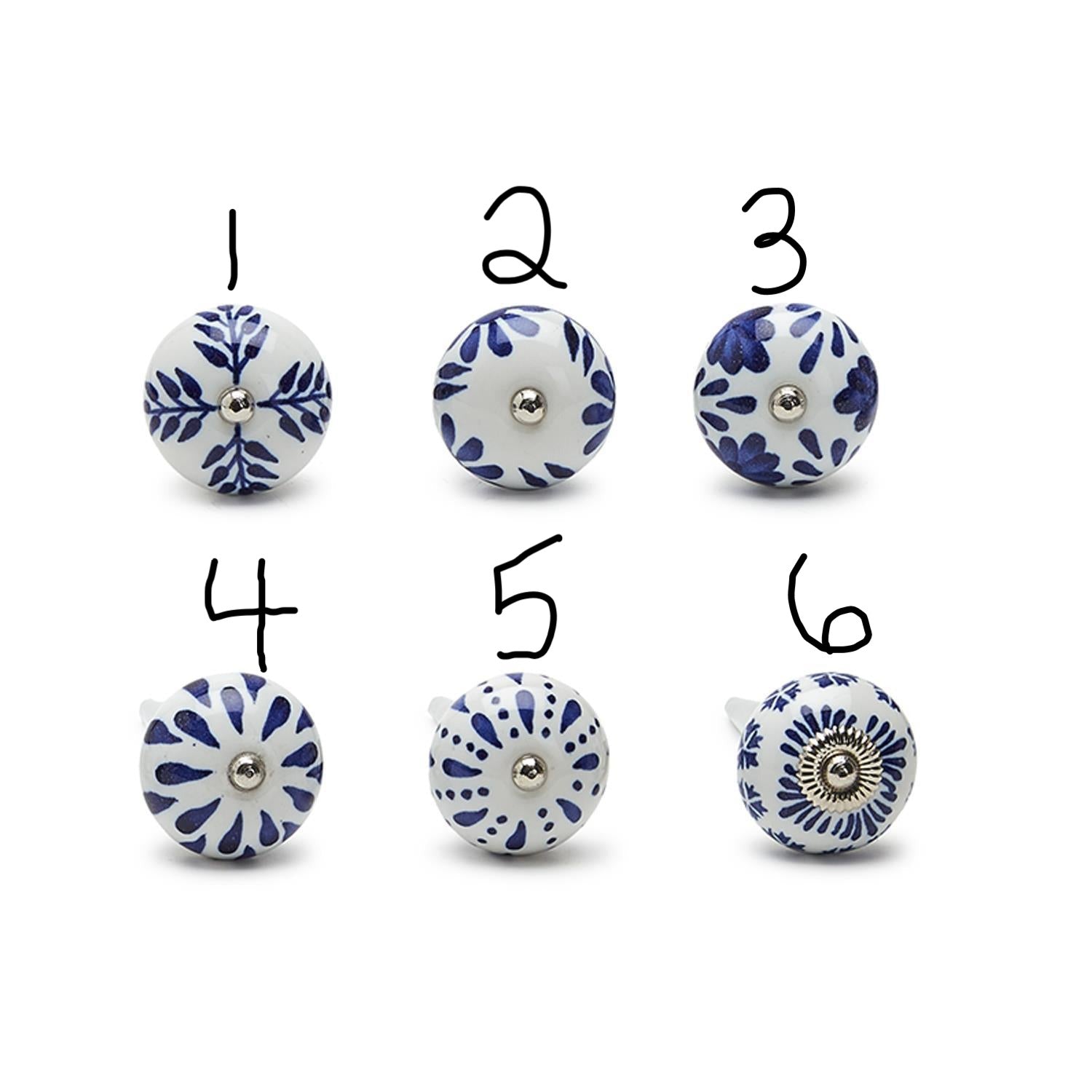 Blue and white handpainted bottle stoppers, shown styles 1-6