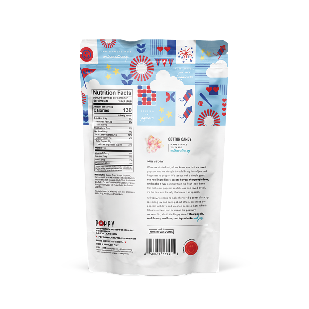 Back of Cotton Candy Popcorn bag with nutrition info and festive colors. Limited edition. Sizes available: 4oz, 8oz.