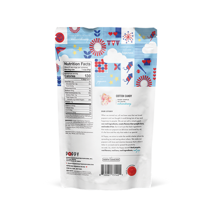 Back of Cotton Candy Popcorn bag with nutrition info and festive colors. Limited edition. Sizes available: 4oz, 8oz.