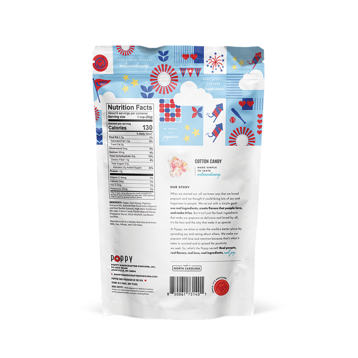 Back of Cotton Candy Popcorn bag with nutrition info and festive colors. Limited edition. Sizes available: 4oz, 8oz.
