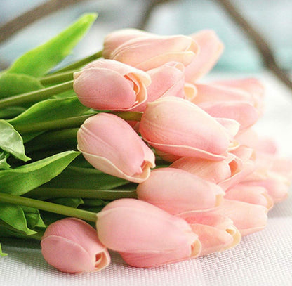 Light pink PU artificial tulip bundles with green stems and leaves, available in 10 or 20 stem sizes.