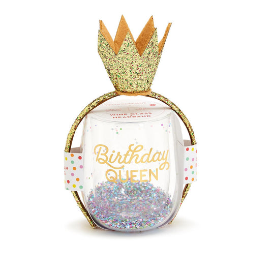 Birthday Queen Stemless Wine Glass & Glitter Crown Headband