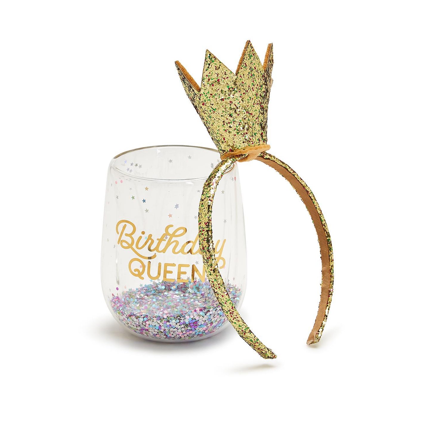 Birthday Queen Stemless Wine Glass & Glitter Crown Headband