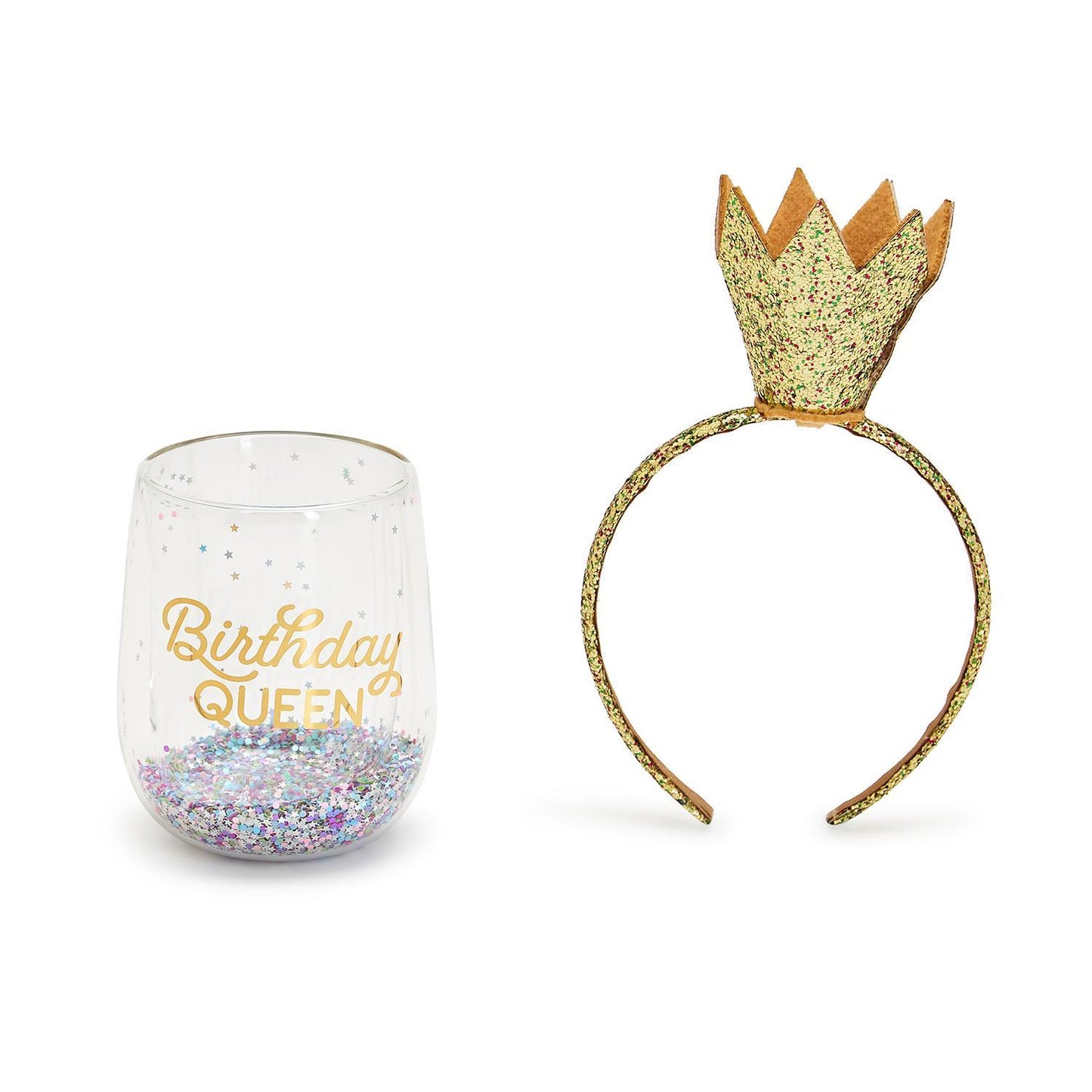 Birthday Queen Stemless Wine Glass & Glitter Crown Headband