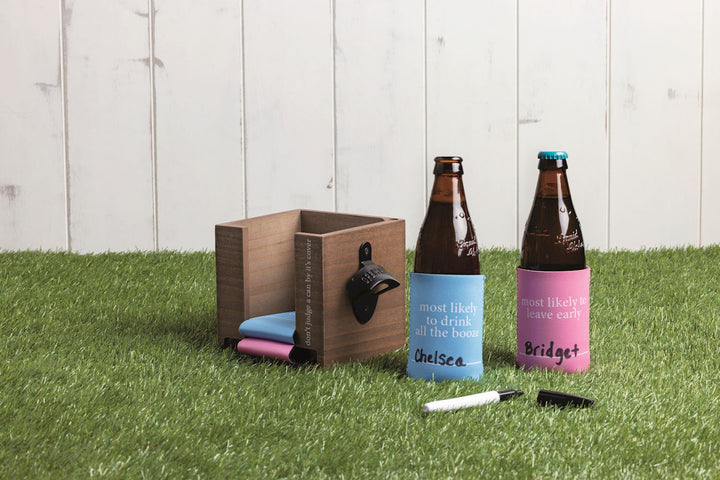 Two beer bottles with “Most Likely To” Can Hugger Party Set koozies labeled “Chelsea” and “Bridget”; koozies available in standard can and bottle sizes.