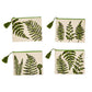 Set of four cream zippered pouches with green tassels, fern embroidery in green. Sizes: small, medium, large, extra-large.