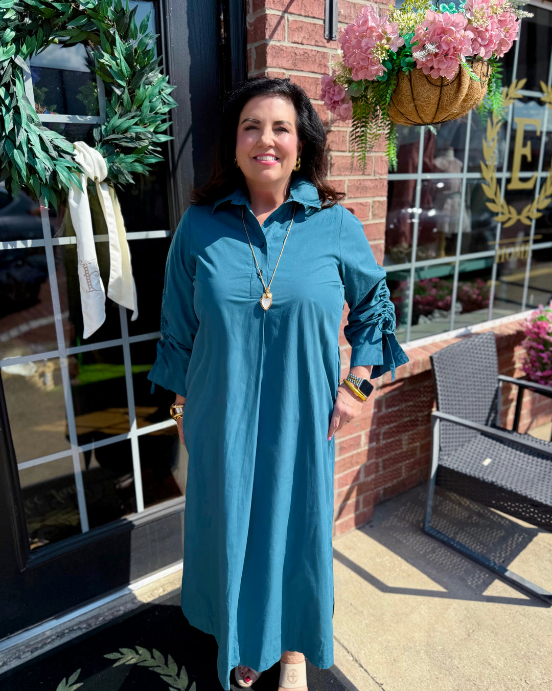 Teal Collared Button Detail Relaxed Midi Dress, available in sizes XS-XL.