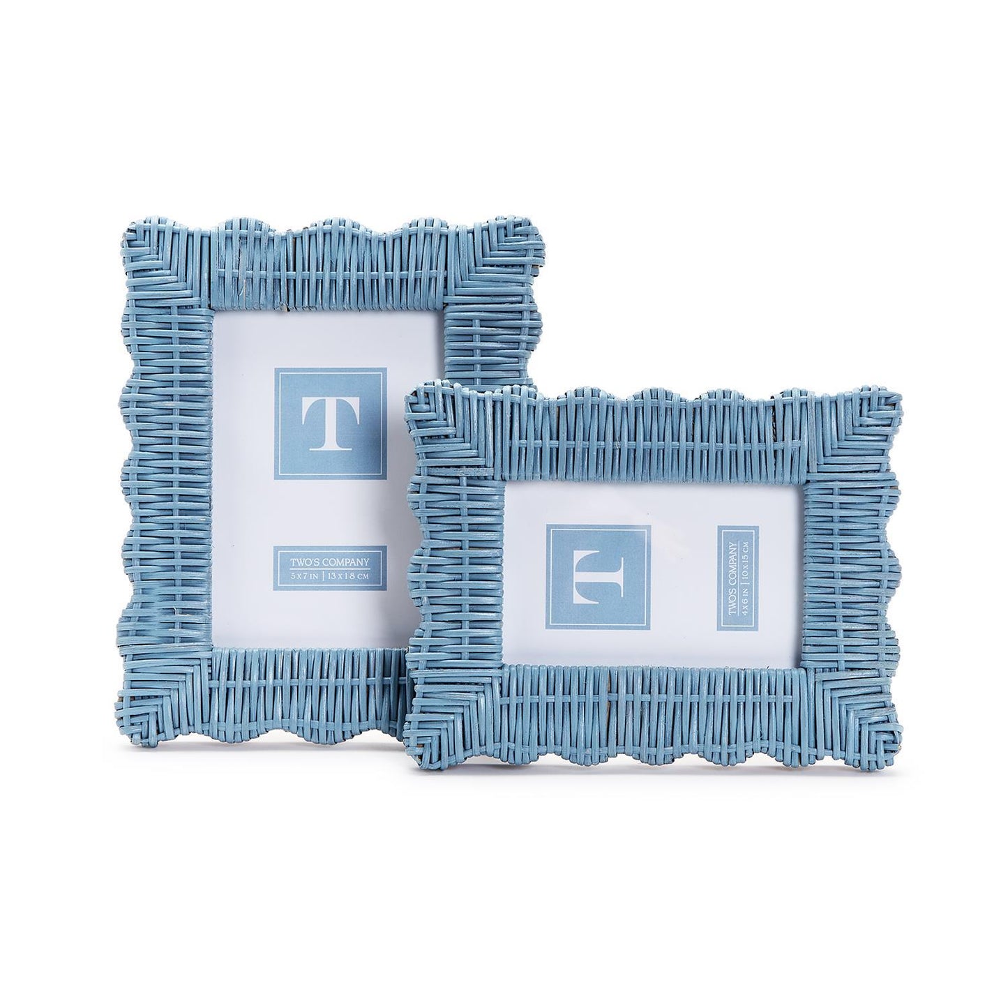 Two **Blue Wicker Weave Scalloped Photo Frames** with rustic charm. Larger frame holds a vertical photo, smaller frame holds a horizontal photo. Blue logo and white background with letter "T" in the center.