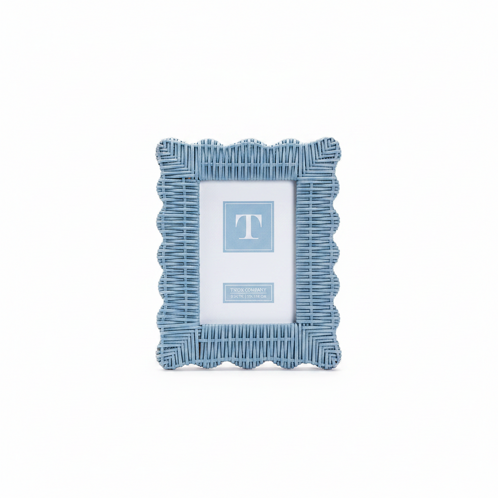 Blue Wicker Weave Scalloped Photo Frame with light blue woven design, scalloped edges, and a central “T” logo on the placeholder. Available in 4x6 and 5x7 sizes.