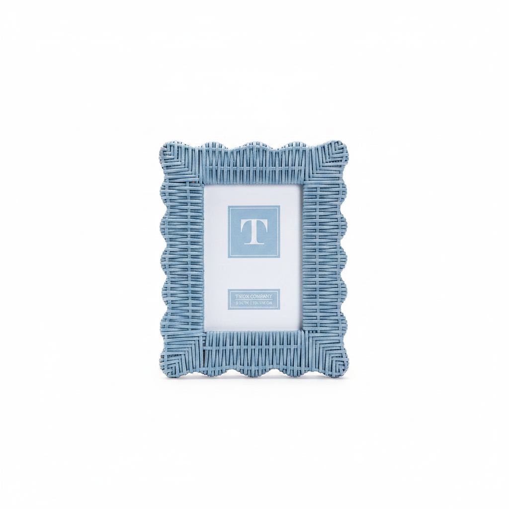 Blue Wicker Weave Scalloped Photo Frame with light blue woven design, scalloped edges, and a central “T” logo on the placeholder. Available in 4x6 and 5x7 sizes.