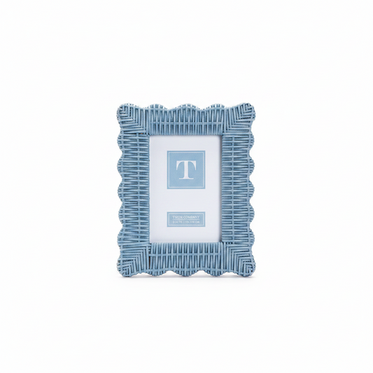 Blue Wicker Weave Scalloped Photo Frame with light blue woven design, scalloped edges, and a central “T” logo on the placeholder. Available in 4x6 and 5x7 sizes.