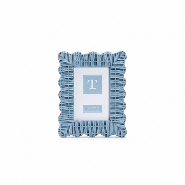 Blue Wicker Weave Scalloped Photo Frame with light blue woven design, scalloped edges, and a central “T” logo on the placeholder. Available in 4x6 and 5x7 sizes.