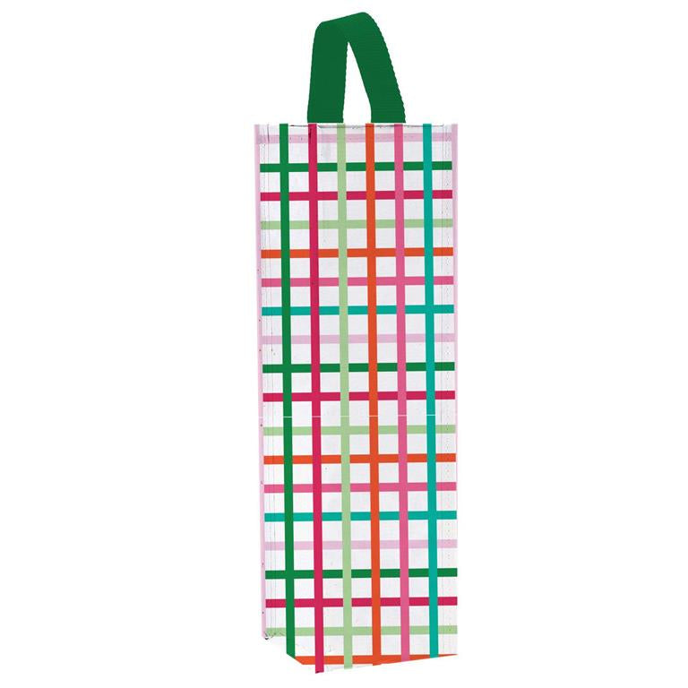 Multicolored plaid holiday wine bag with green handle.