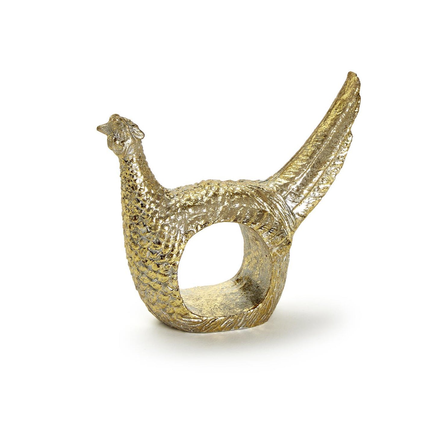 The Golden Pheasant Napkin Ring features a gold-colored, intricately detailed design with a long, upward-curving tail and textured body feathers. The elegant napkin ring hole is situated under its body. Available in one size.