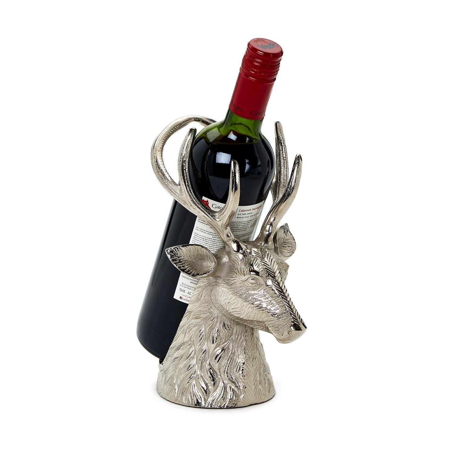 Silver Stag Bottle Holder: A metal stand designed as a stag's head with intricate fur details and antlers, holding one bottle.