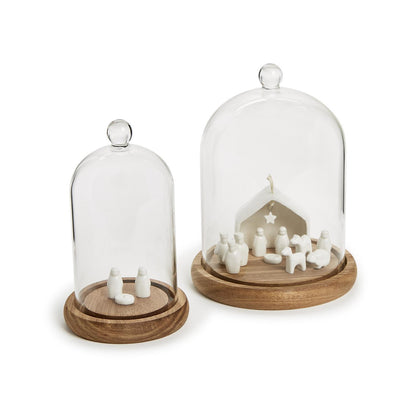 Glass cloche with ball handle and wood base. Available in multiple sizes.