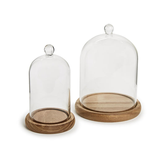 Two empty cloches from the "Cloche with Ball Handle and Wood Base" set, featuring rounded tops and ball handles, available in two sizes.