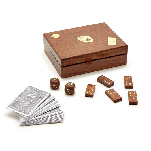 A beautifully hand-crafted wooden box with brass inlay containing an exquisite Triple Threat Game Set. Includes grey and white playing cards, three wooden dice with brass dots, and four wooden domino tiles with brass dots. Sizes: One size for all components.